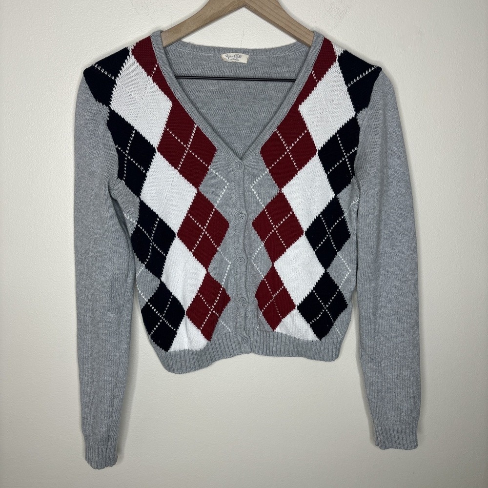 Y2K John Galt Brandy Melville Cropped Cardigan Argyle Sweater Twee Top Gray Prep